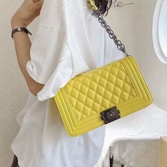 Handbags - Quilted Lux Faux Leather Shoulder Purse-Chain Strap